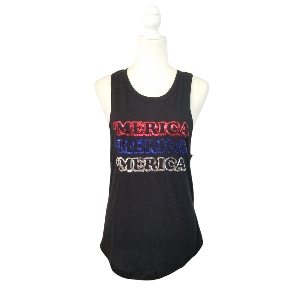 PINK Victoria's Secret black with red blue silver 'Merica sequins tank top